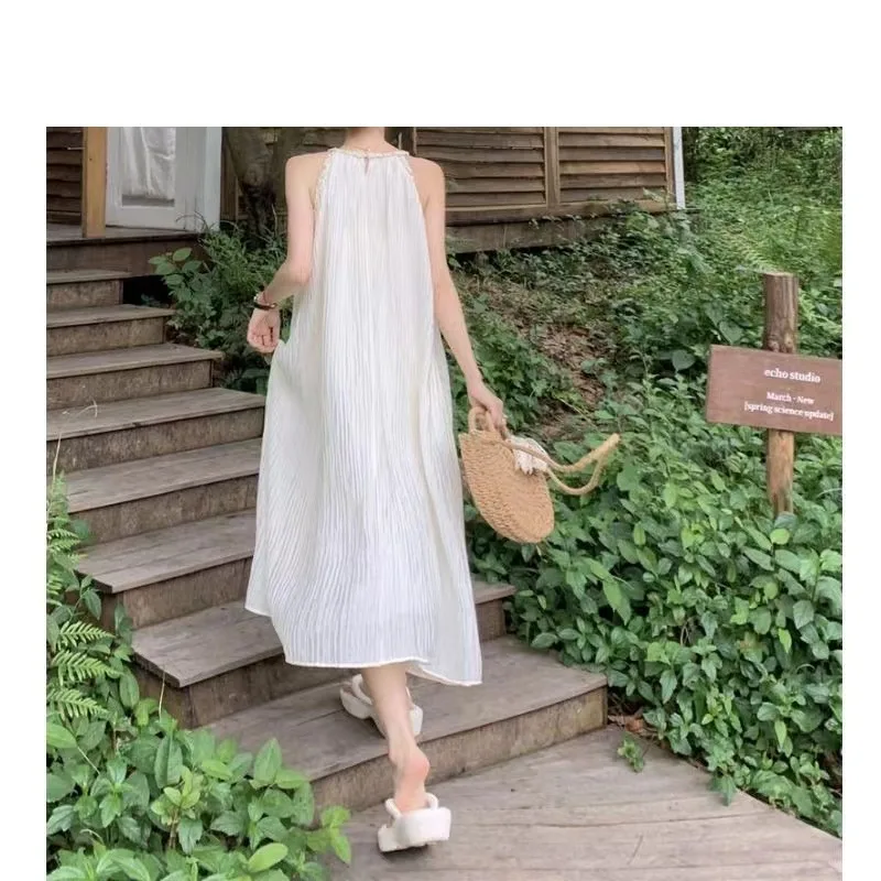 Summer Halter Sleeveless Women's Solid Bright Silk Distressed Pullover Casual Elegant Loose Office Lady Vintage Knee Dress