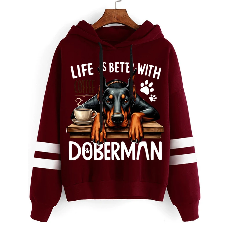 

Trend Woman Sweatshirt Doberman Dogs Coffee Print Female Hoodie Long Sleeve O-neck Pullover Hoodies Sweatshirts Fashion Clothing