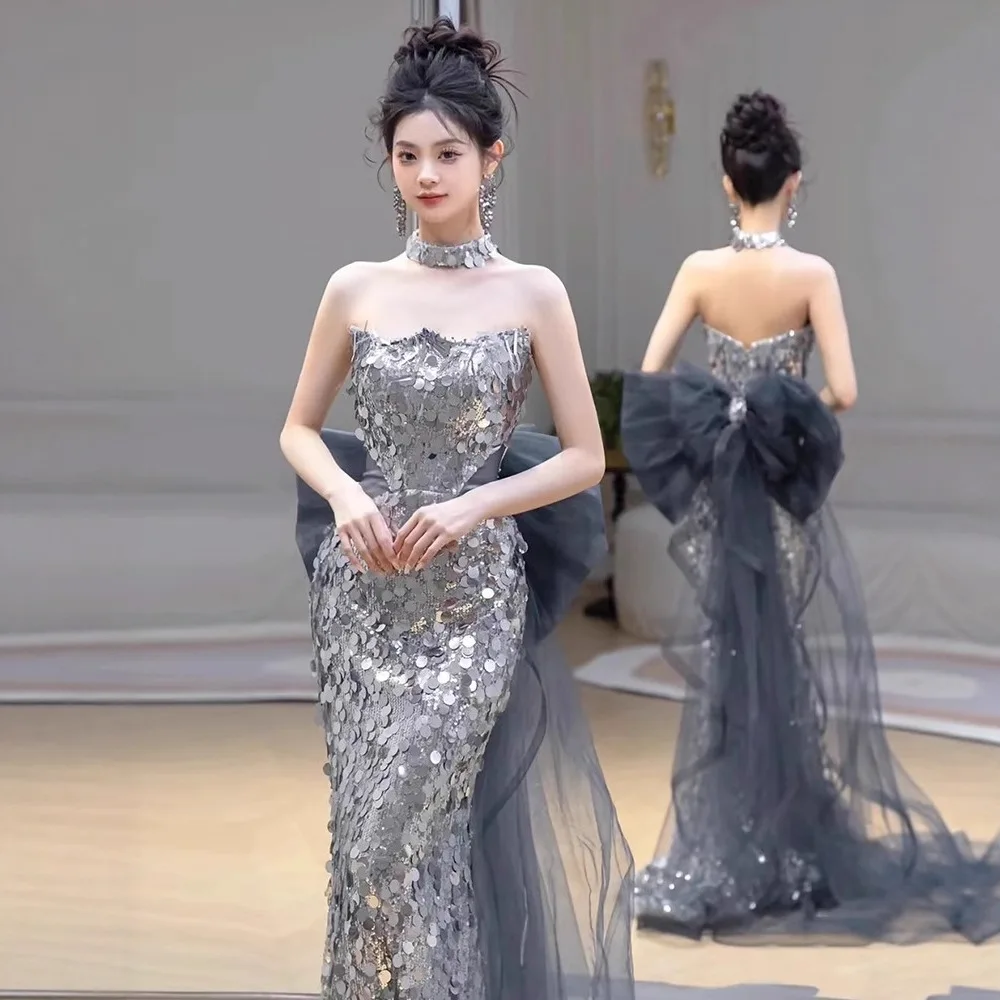 Sequin fishtail skirt with fashionable bow and trailing tulle Hostess dress for birthday photo shoots Dress for formal occasions