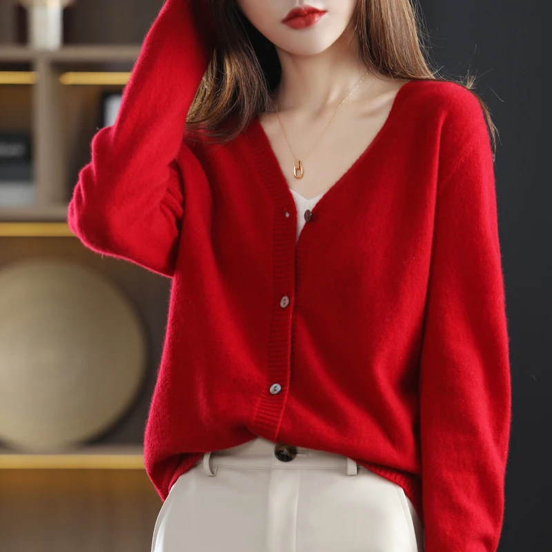 100% Pure Wool Women Cardigan Sweater 2022 Spring Autumn Fashion Soft Knitted Cardigan Women\'s Solid Loose Large Size Cardigans