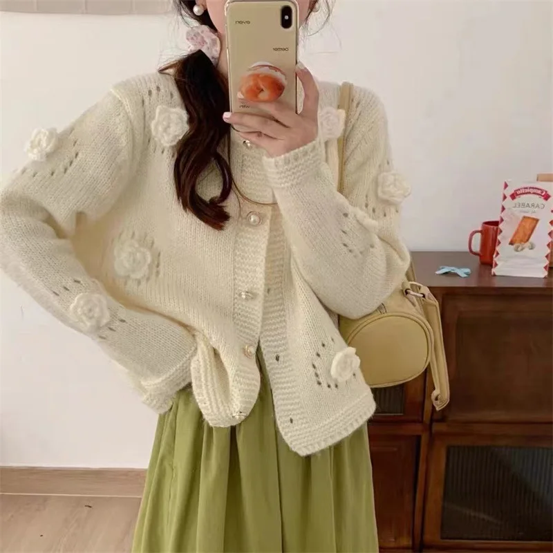 Hollow Three-dimensional Rose Crewneck Knit Cardigan Autumn and Winter New Loose Lazy Button Sweater Coat