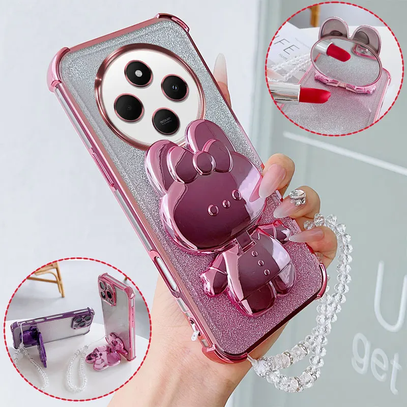 Luxuriöse Stoßfeste Handyhülle mit Hasen-Motiv, Drehbarem Ständer und Kristall-Lanyard für Xiaomi Redmi 14C 14R Poco C75 M7 5G Rückseiten-Cover