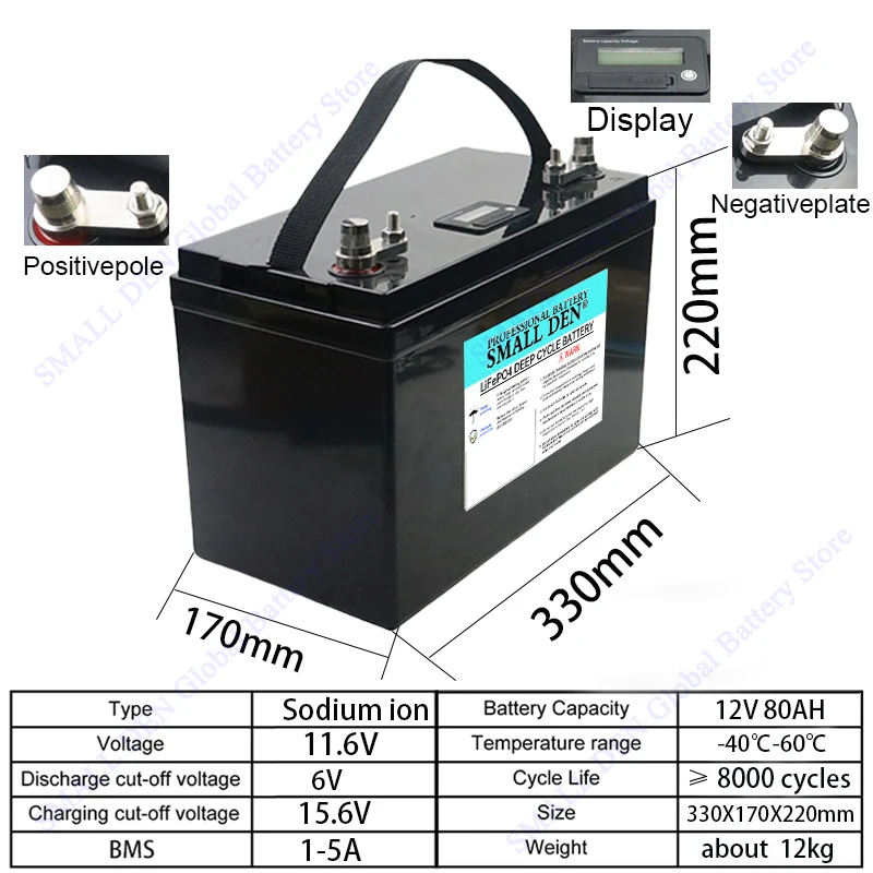 12V 75Ah, 80Ah, 230Ah natrium-ion batterij, draagbaar, grote capaciteit, geschikt voor zonne-energieopslag, camper, noodstroomvoorziening - Afbeelding 2