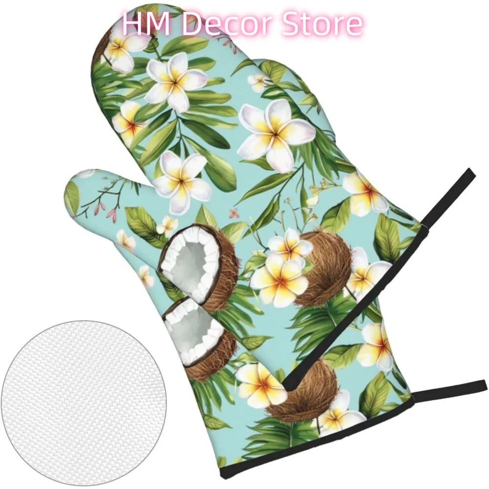 Coconut Leaves Flowers Oven Mitts and Pot Holders Sets of 4, Cute Heat Resistant Oven Mitts - Non-Slip Cooking Gloves for Kitche