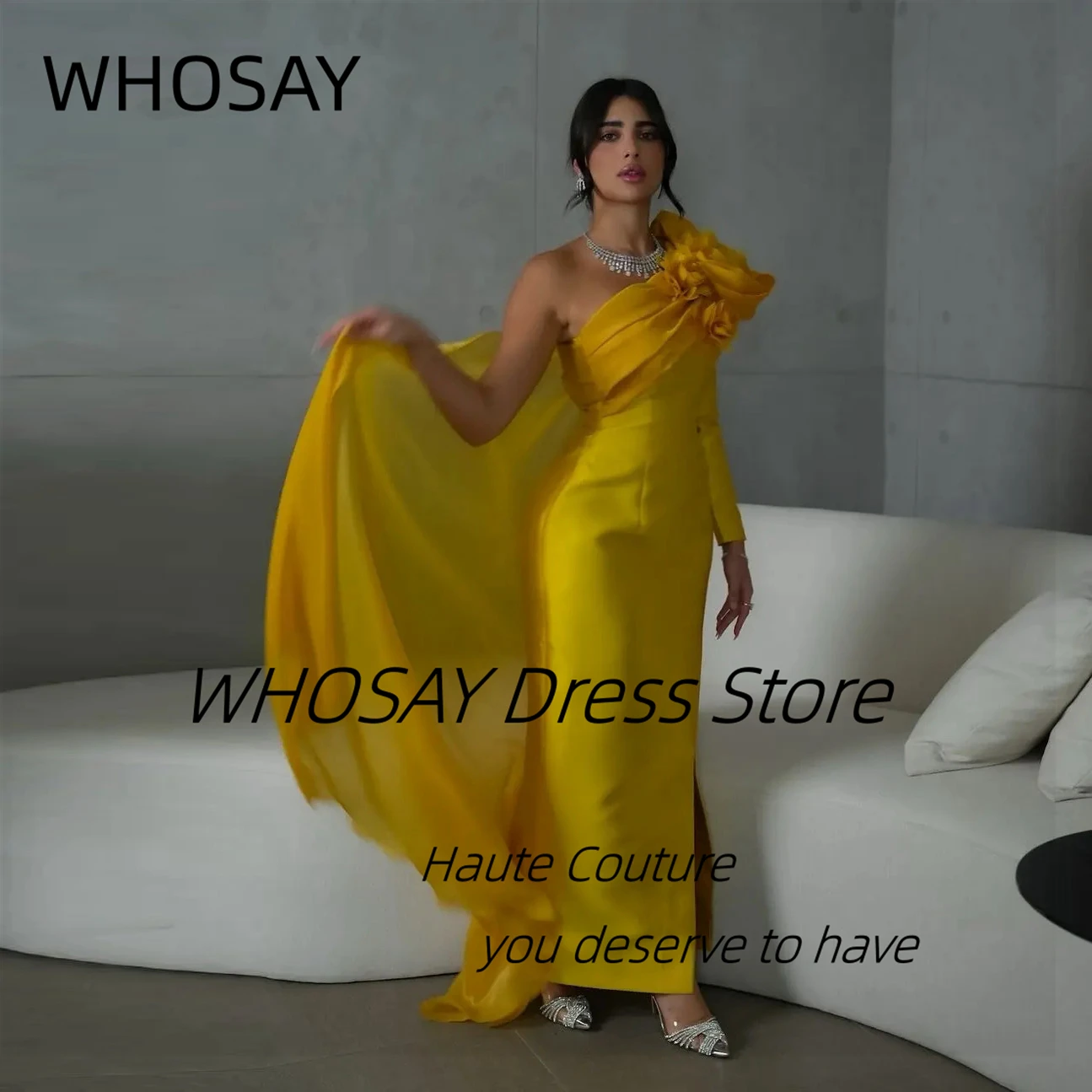 WHOSAY Saudi Arabia Prom Party Dresses Flowers One Shoulder Bespoke Special Occasion Dress with Shawls Long Sleeve Evening Gowns