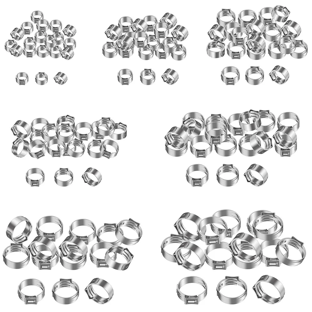 130-Piece 304 Stainless Steel Hose Clamp Assortment Kit, Single Ear Clamp Crimp Rings for Pipe Fixing