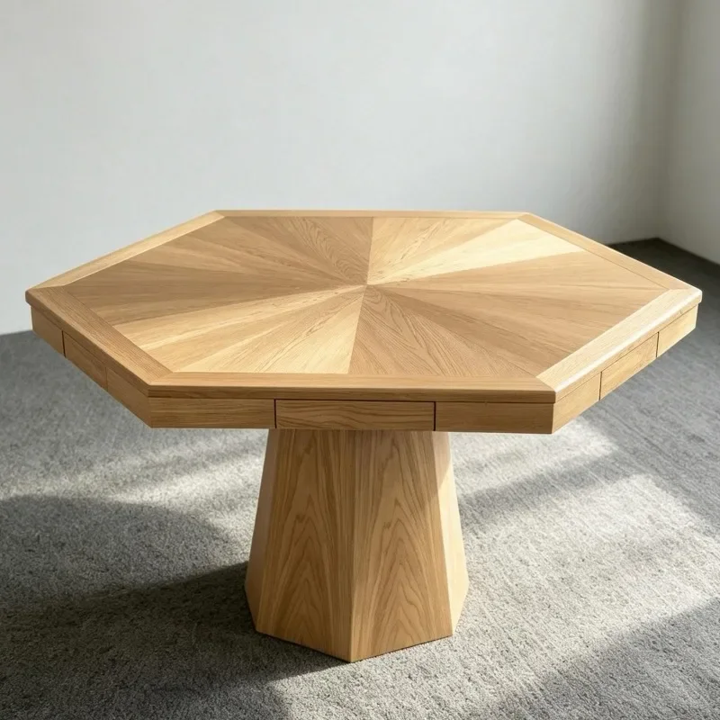 02A Nordic medieval solid wood dining table designer hexagonal high-end multi-drawer dining table