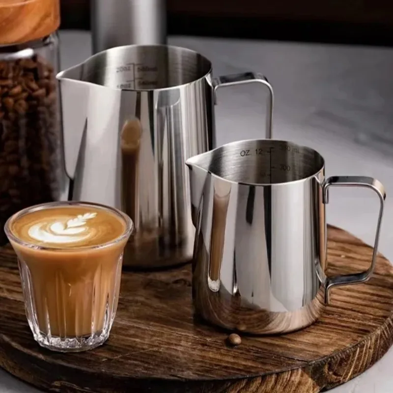 Stainless Steel Milk Frothing Pitcher with Long Rounded Spout for Coffee Art, Steaming Jug, Professional Tool & Milk Warmer