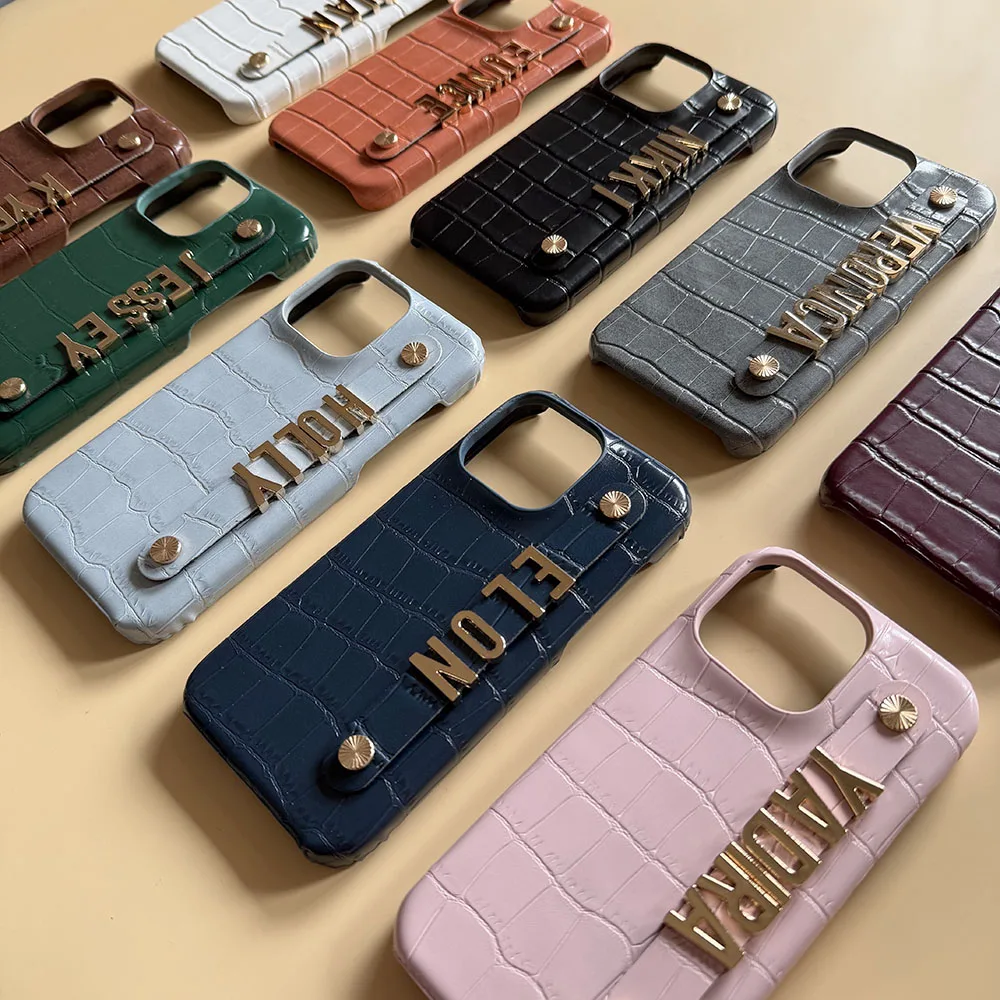 Luxury Personalize Initials Metal Letter Name Leather Phone Case For IPhone15 14 13 12 11Pro Max Cover