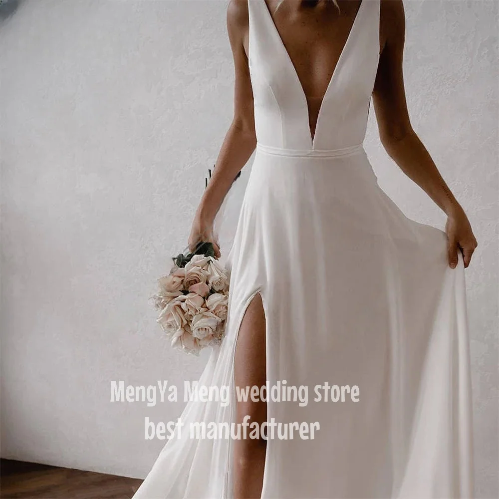 ZHUISHU 2025 Vintage Wedding Dresses Sexy V neck High Slit Pleat Spaghetti Strap Brides Dress Simple Floor-Length Wedding Gown