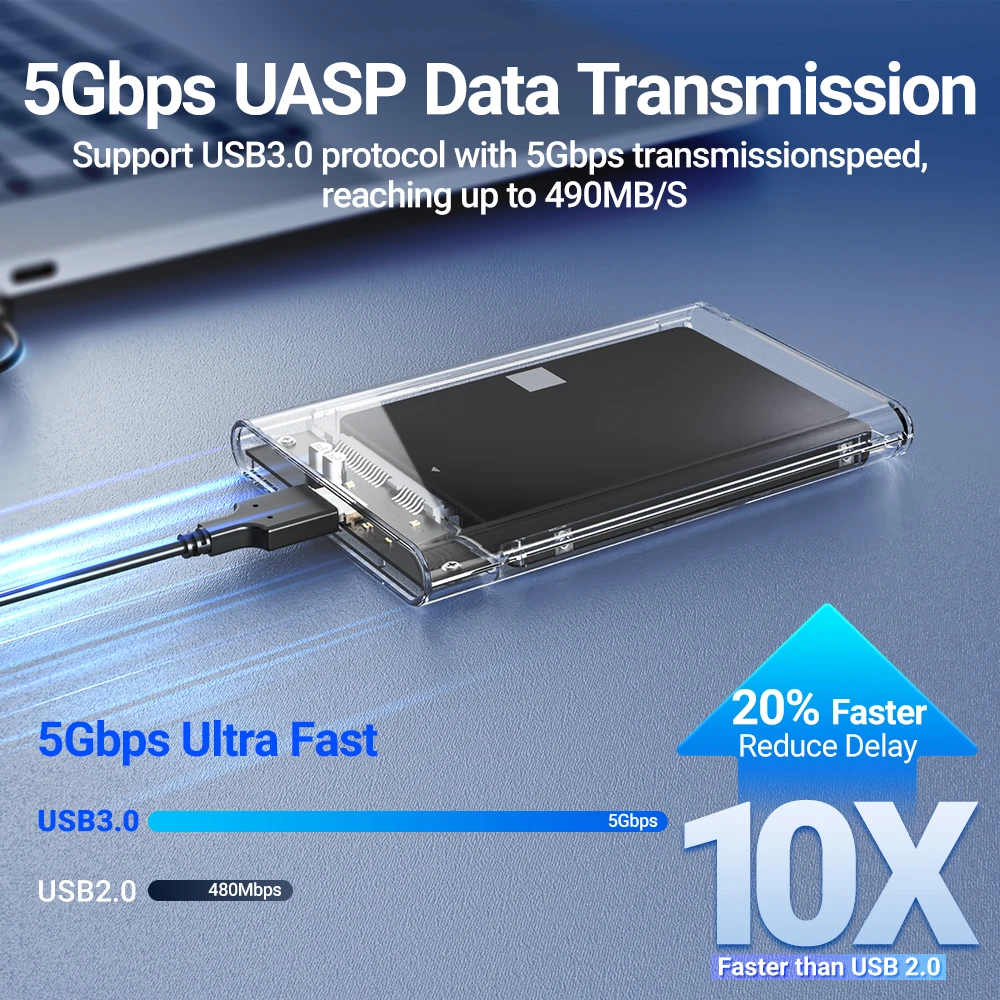 JEYI Custodia per HDD esterna da 2,5'' senza attrezzi - USB 3.0 a SATA III, raffreddamento trasparente, compatibile con HDD/SSD SATA da 7 mm/9,5 mm