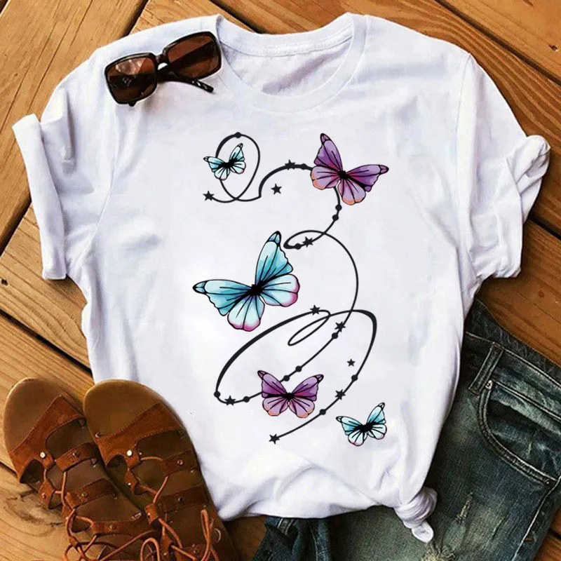 Butterfly and Star Printed T Shirt Fashion Women T-shirt Female Casual Short Sleeve Tops Lady Girls Summer Tee Shirts Streetwear