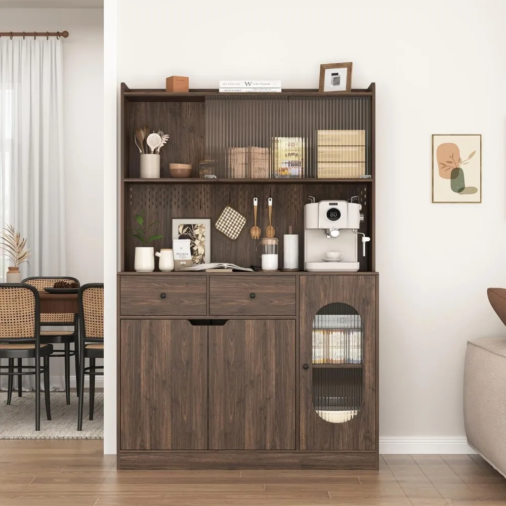 

71" Tall Kitchen Pantry Cabinet – Reeded Glass Doors & Microwave Stand, Large Storage Display Cabinet​