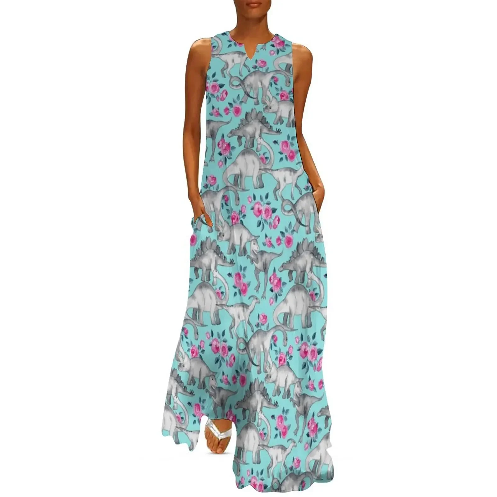

Dinosaurs and Roses – turquoise blue Long Dress summer woman dress 2025 prom dresses Dress