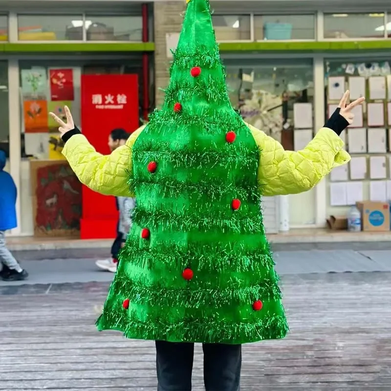 Christmas Tree Costume for Adults Women Mens Christmas Overall With Plush Ball Tinsel Outfits Funny Christmas Cosplay Party Prop