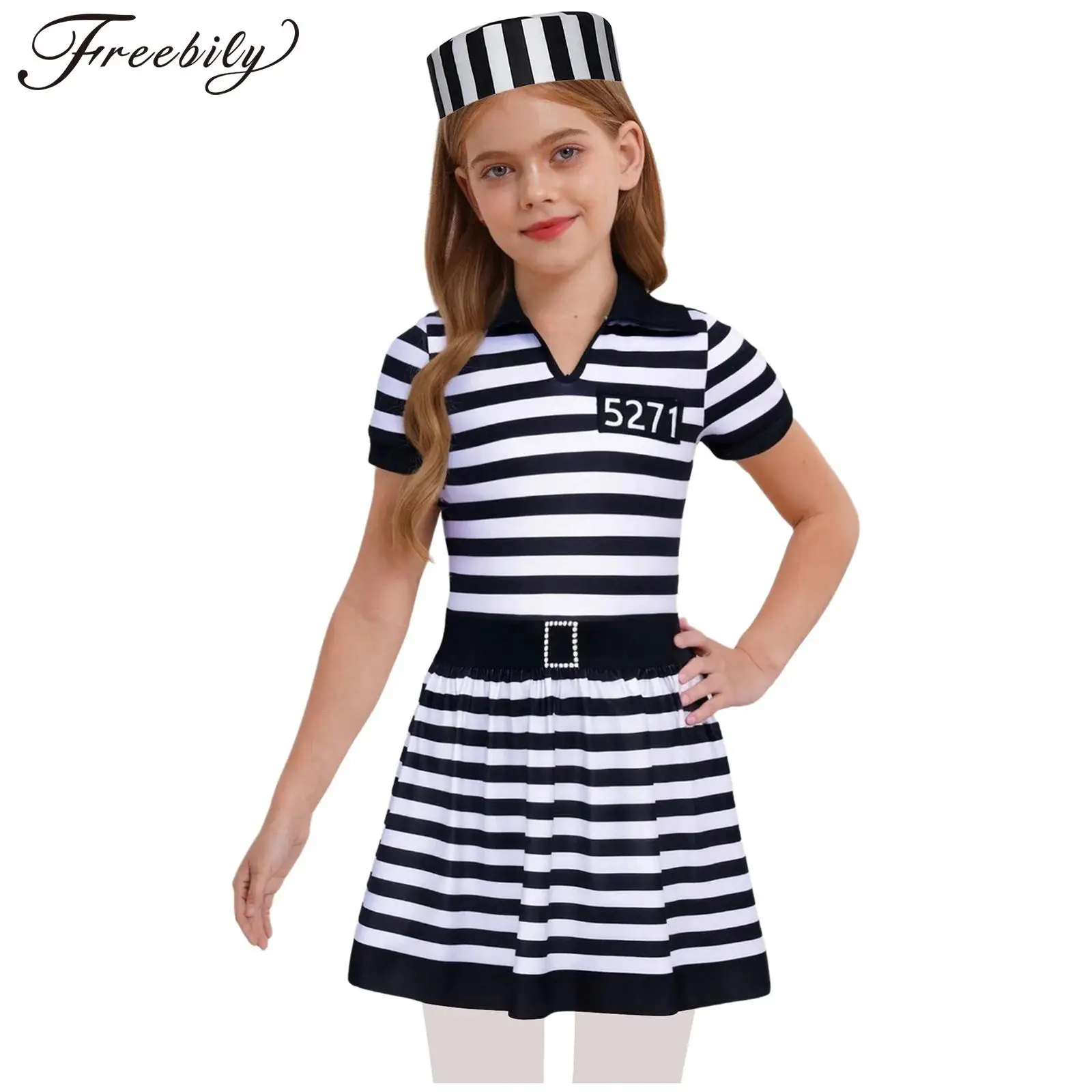 

Костюм заключенного для девочек, криминальный костюм, полосатое платье в виде тюрьмы с кепкой для праздника на Хэллоуин, карнавал, косплей, вечеринка, выступление