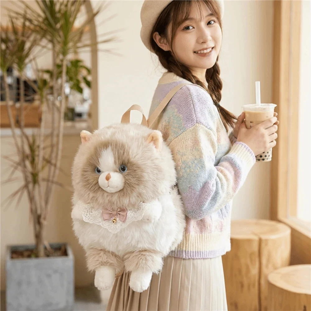 Cute Soft Fluffy Cat Backpack Polyester Lining 3D Rucksack Realistic Novelty Shoulder Bag For Girls