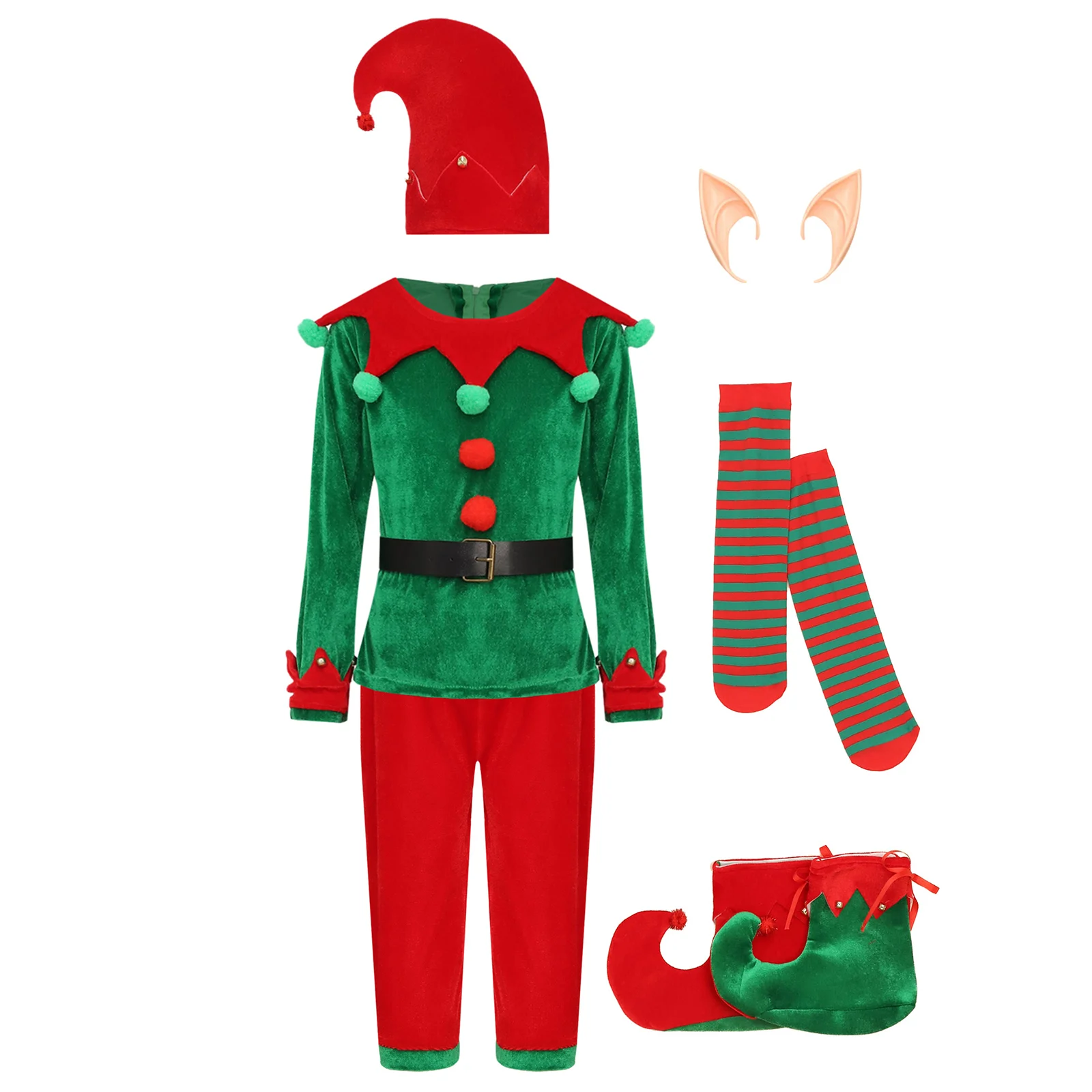 Kids Boys Christmas Xmas Cute Elf Cosplay Performance Costume Top with Pants Hat Silicone Ears Belt Stockings Shoes Covers Set