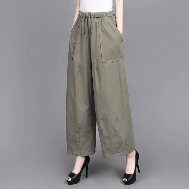 Calças de Cintura Alta com Pernas Largas para Mulheres, Soltas, Elegantes, Casuais, Elásticas, Versáteis, Calças de Nove Pontos, Nova Chegada de Outono, 100% Algodão