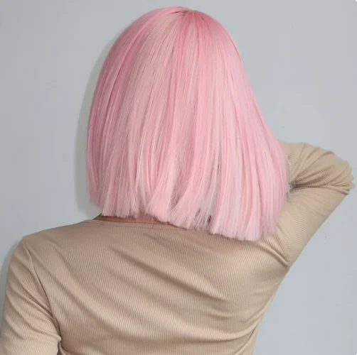 Pelucas Bob cortas y rectas con flequillo, pelo sintético Natural rosa claro para mujeres, pelucas de fibra resistentes al calor para Cosplay diario