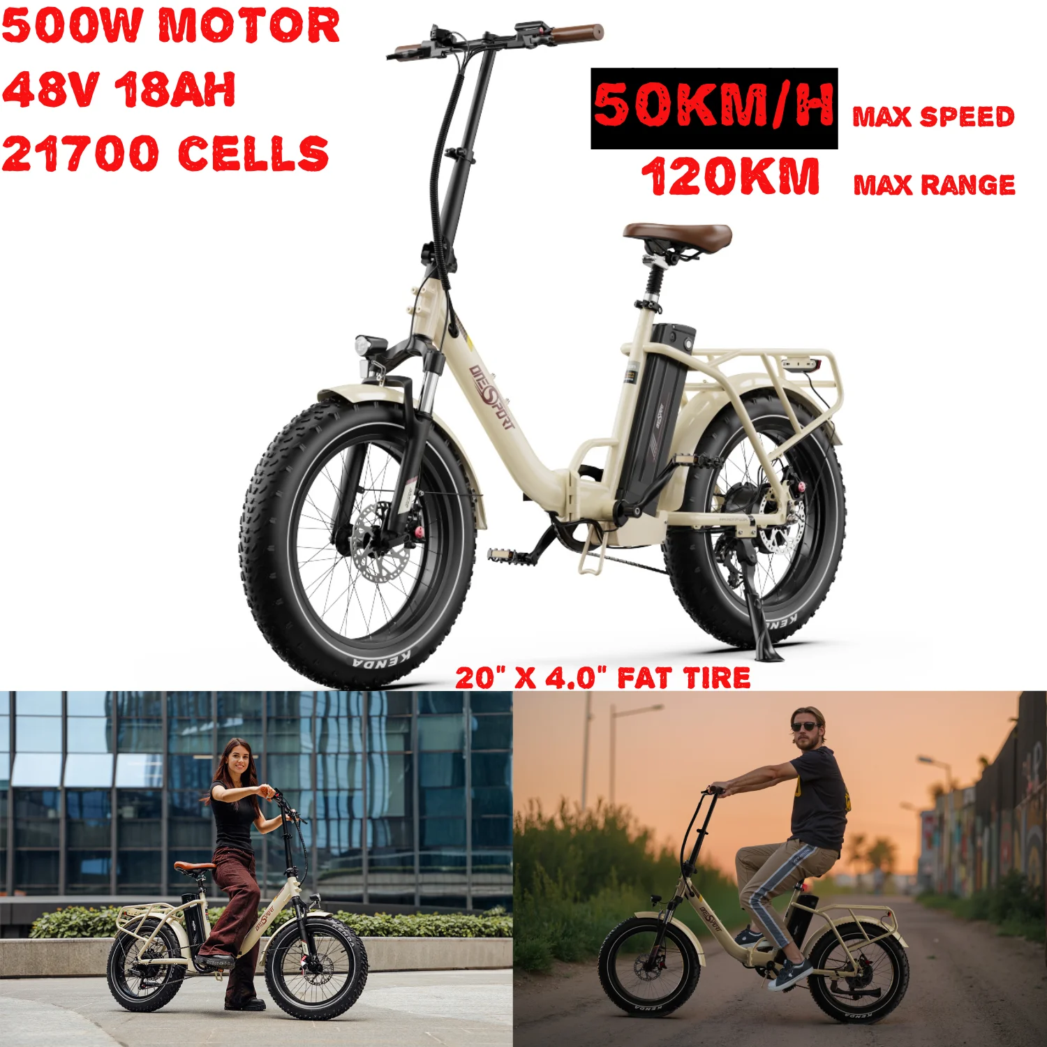 Vélo électrique pliable Onesport OT16Max 500/W, vitesse maximale de 50 km/h, autonomie maximale de 120 km (48V 18AH), pneus 20"x 4.0", 7 vitesses, application intelligente