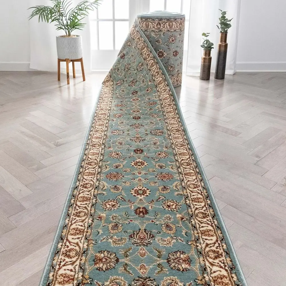 

Custom Light Blue Oriental Runner, 27 Wide x 92' Long Traditional Floral Carpet