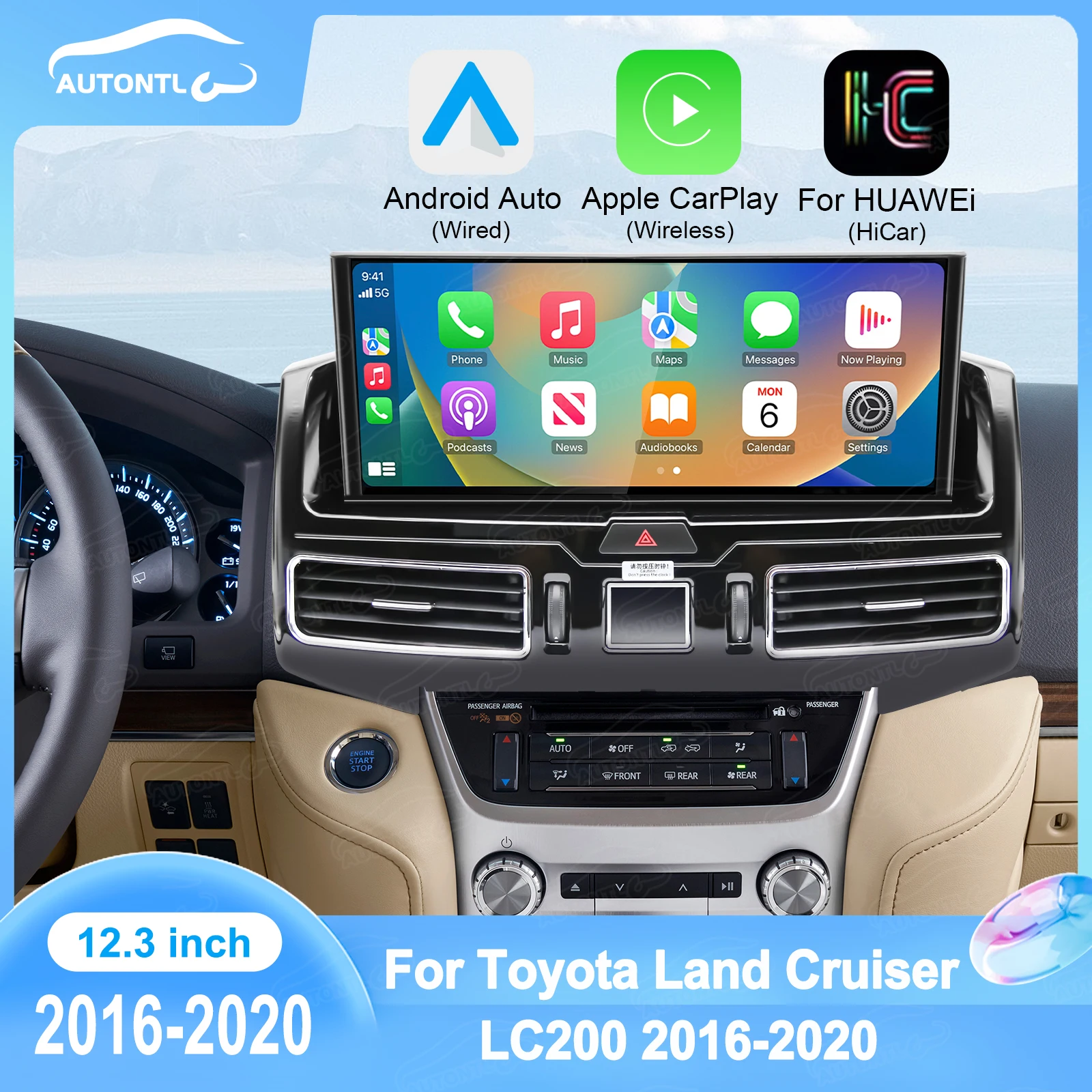 

AUTONTL New Design 12.3inch Android Car Radio GPS Navigation Multimedia Carplay Monitor for Toyota Land Cruiser LC200 2016-2020