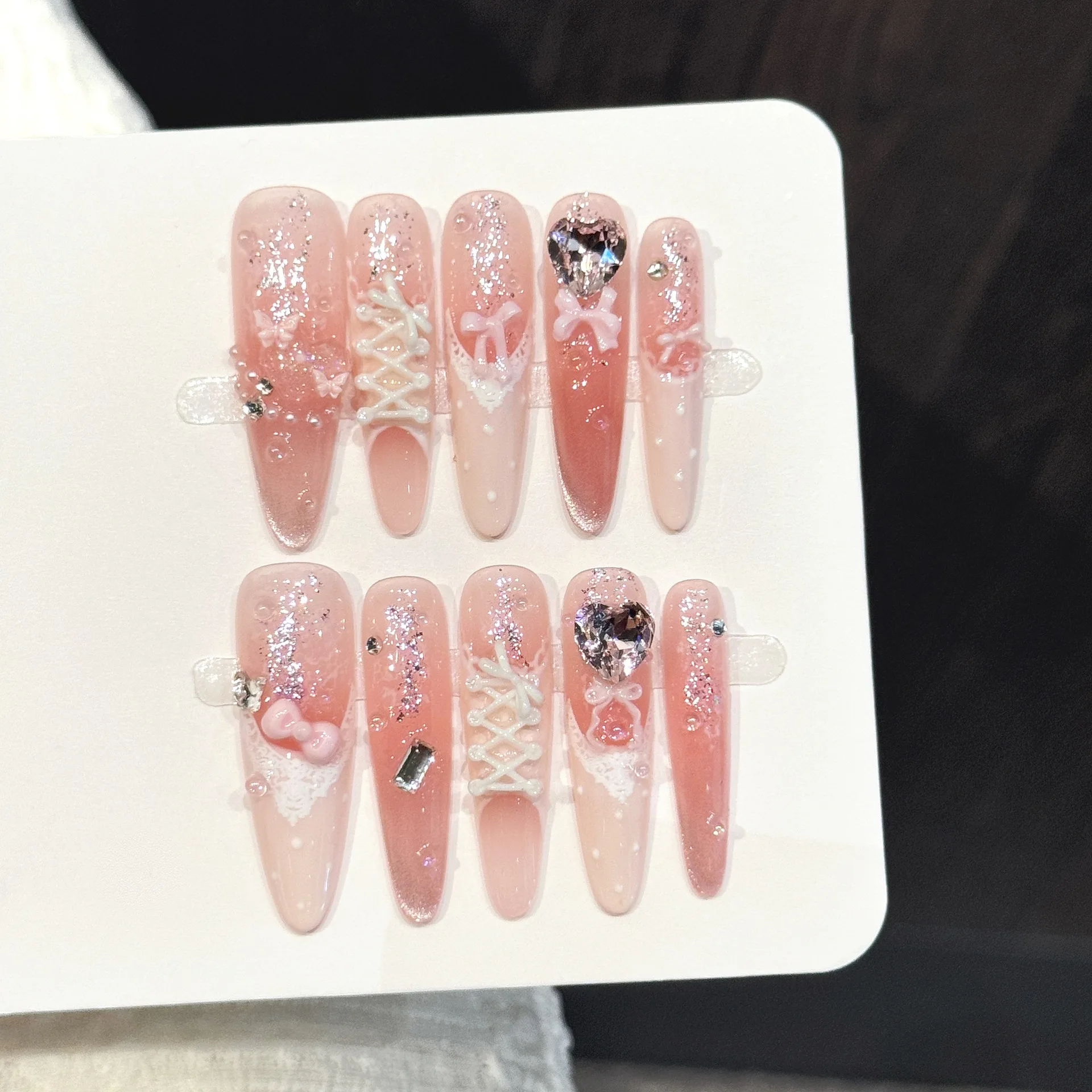 

10pcs Handmade Fake Nails Long Almond Sweet Lace Bow Shiny Diamond Press On Nails French Design Summer style For Girl gifts
