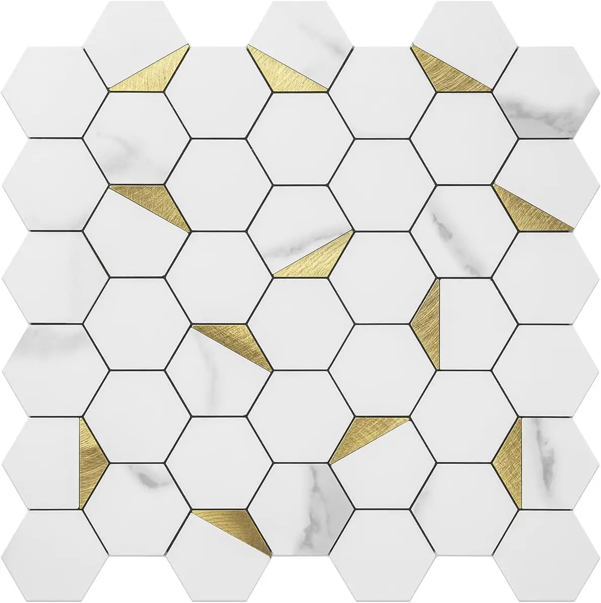 10-Sheet Hexagon Tile Peel and Stick Backsplash, White Marble Look PVC Mixed Golden Metal Mosaic Tiles for Kitchen and Bathroom