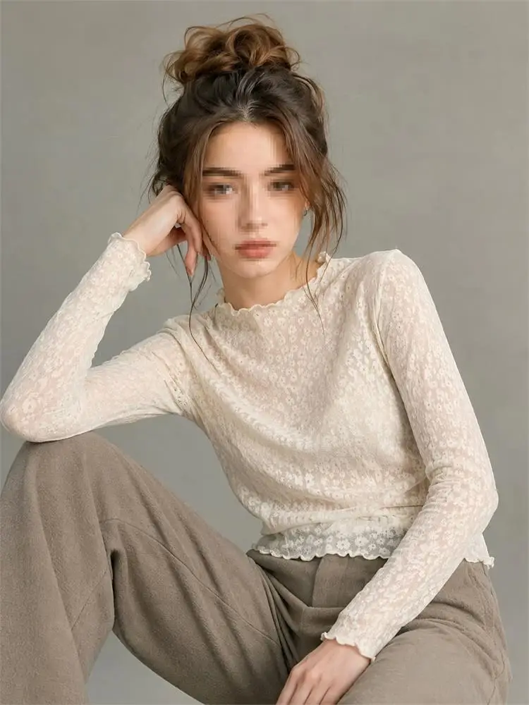 Korean Style Long Sleeve Texture Slim Fit Women's Top High Waist Wave  Small Shirt Autumn Elegance Thinming T-Shirt