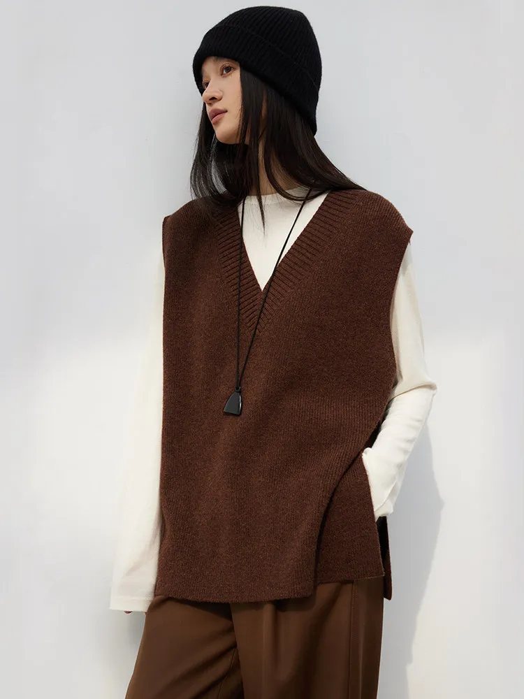 Paper man stacking artifact~ Loose wide shoulder V-neck split fork medium and long pure wool vest vest