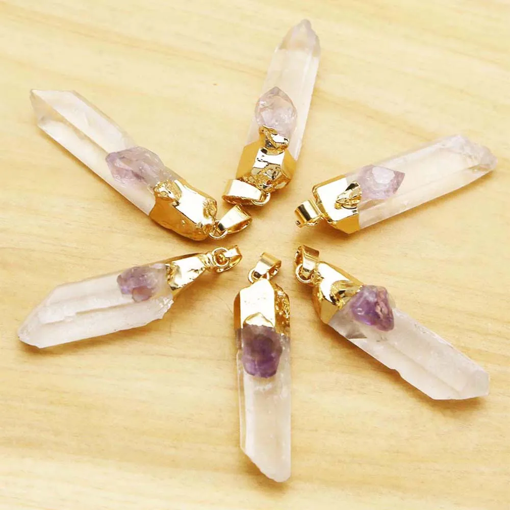 Sell Natural Raw Stone White Crystal Pillar Necklace Pendant Inset Obsidian Amethyst Charm Jewelry Accessories Wholesale 6Pc/Lot