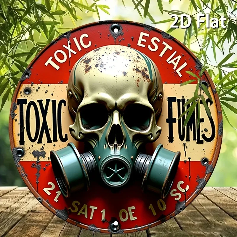 Metall-Wandkunst mit Totenkopf, Gasmaske und medizinischem Equipment, Vintage-Design mit giftigen Dämpfen, 2D flache runde Dekoration für Bars, Cafés, 1 Stück.