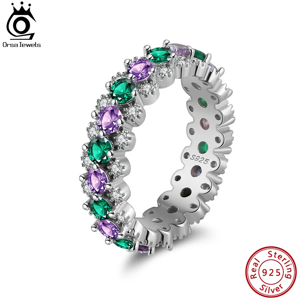 

ORSA JEWELS Colourful Wedding Rings with Genuine 925 Sterling Silver for Women 5A Cubic Zirconia Band Ring Fine Jewelry EQR57