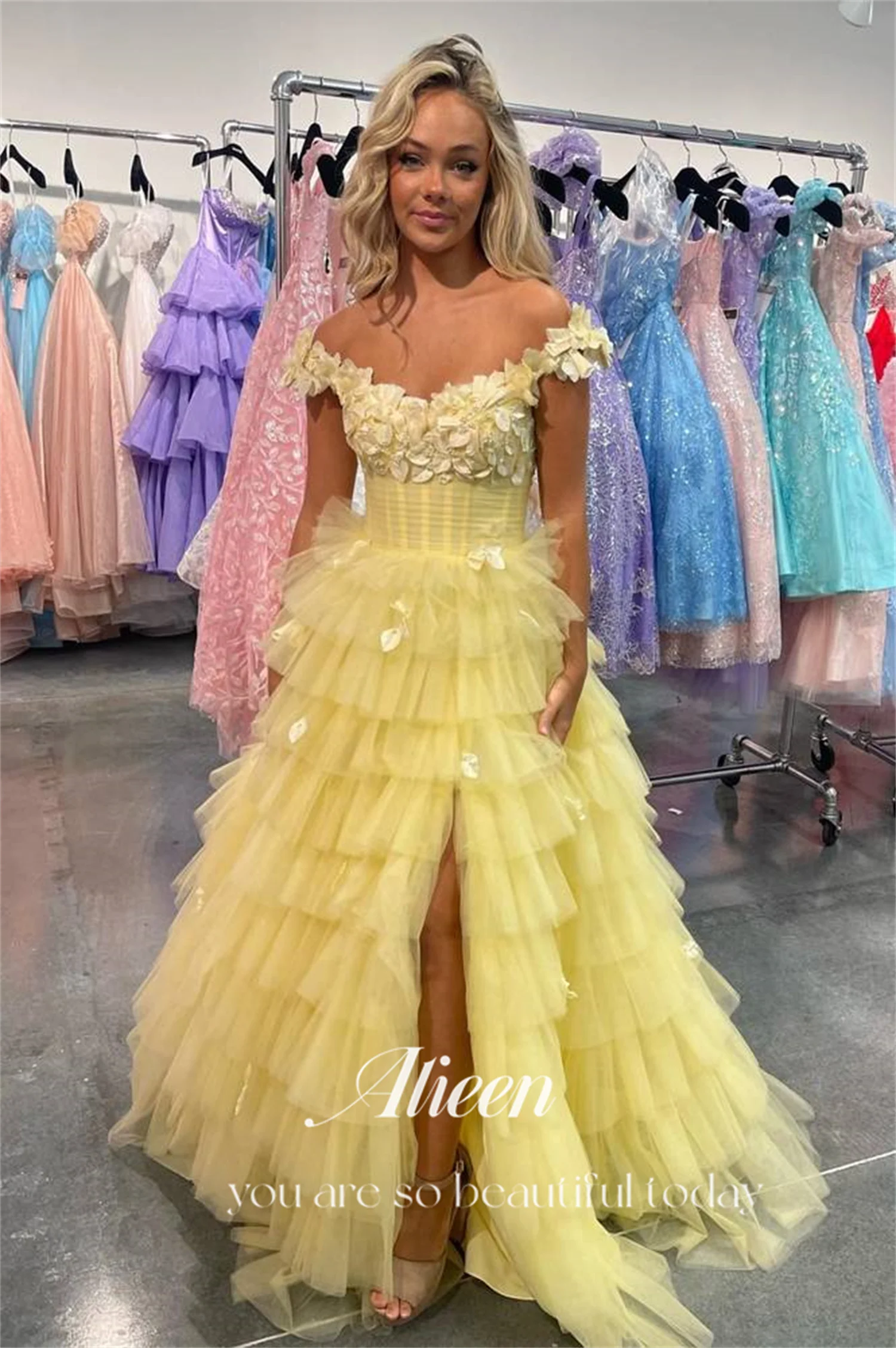 Aileen 3D Leaf Lace Yellow Multi-layer Princess Party Dress for Wedding Dresses Official Store Prom Gown Ball Gowns