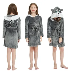 Autumn Winter Kids Hooded Bathrobe Baby Bath Robes Boys Girls Cute Cartoon Unicorn Wolf Flannel Pajamas Long Sleeve Towel Robe