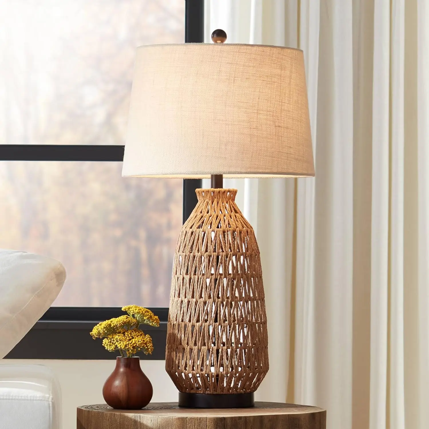 

Lighting San Carlos Coastal Modern Table Lamp 29" Tall Natural Rattan Wicker Bronze Oatmeal Fabric Tapered Drum Shade for Be