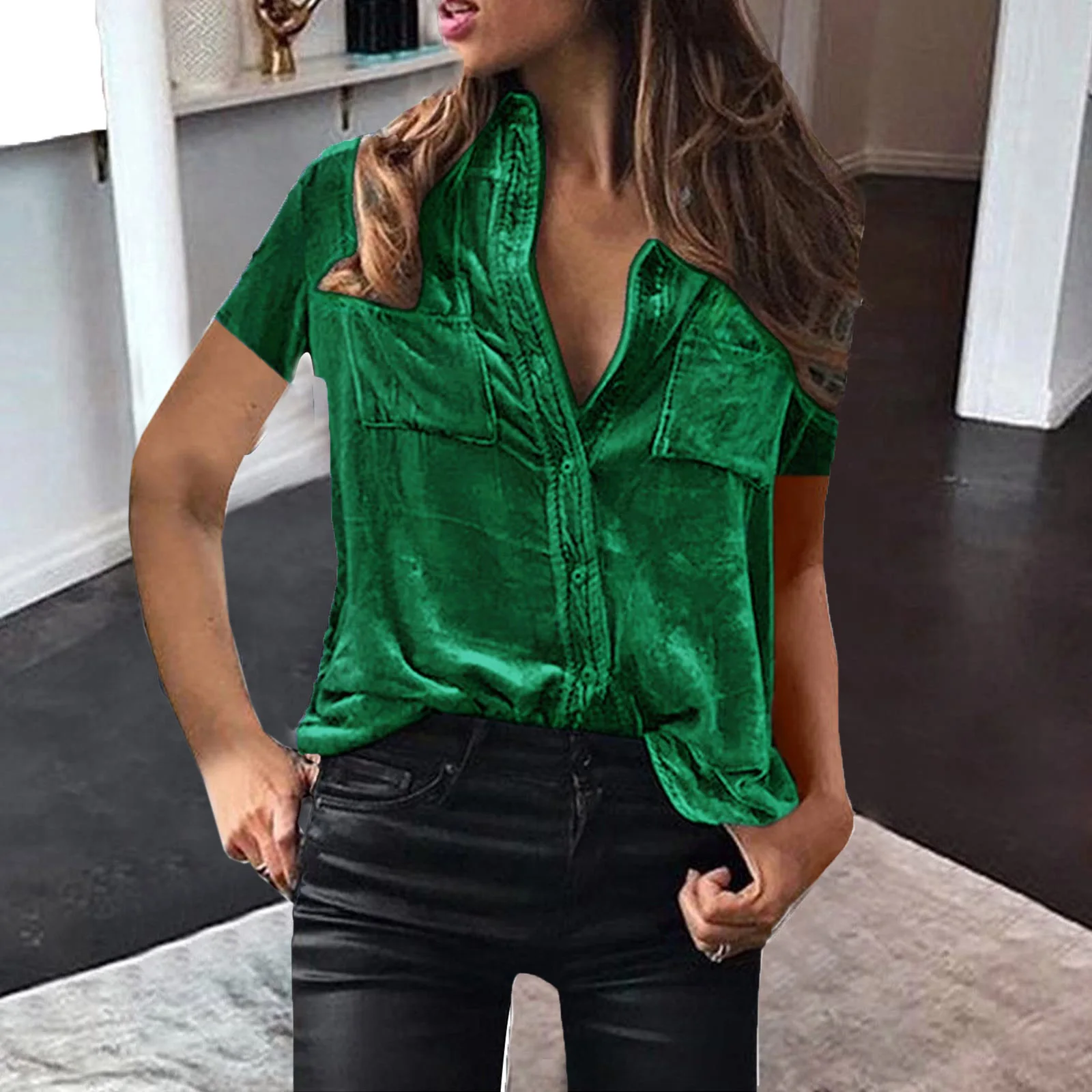 2025 Primavera Verano nueva moda mujer Color sólido básico Casual moda cuello vuelto camisas de manga corta ropa femenina Tops