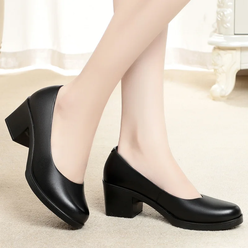 Autumn Women\'s High Heels Daily 5cm Square Heel Pumps Office Lady Black Leather Shoes Comfortable Soft Sole Slip-on Women Shoes