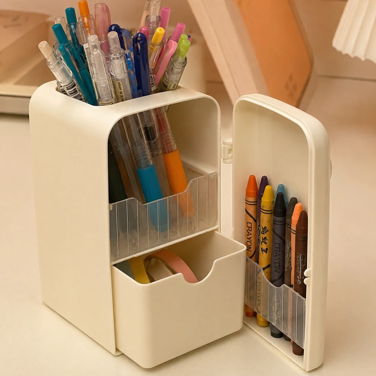Cute Cartoon Refrigerator-Shaped Desktop Pen Holder Multi-Functional Stationery Storage Box with Drawer for Office School Desk