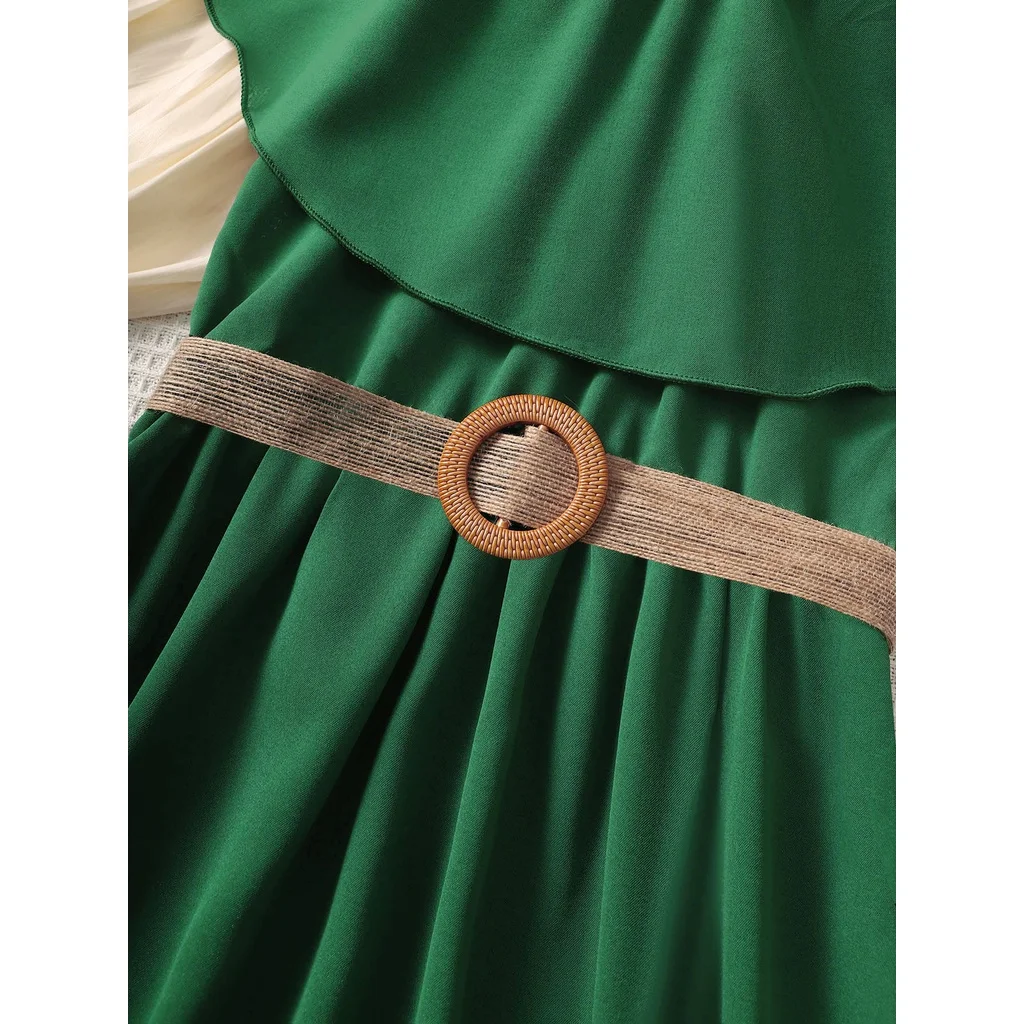 8-12 Years Children Girl Princess Dress Off Shoulder Green Dress with Belt for Kid Girl Summer School Daily Casual A-line Outfit