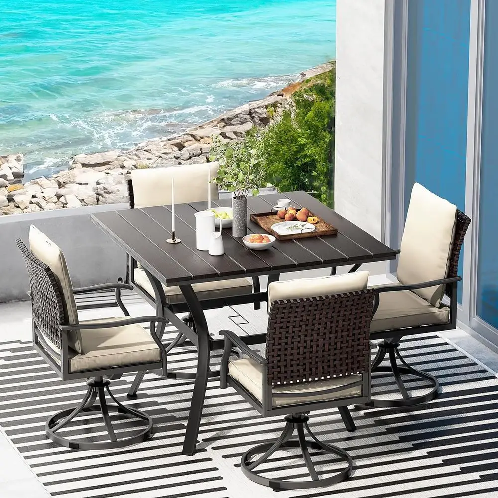 

5-Piece Outdoor Patio Dining Set: 4 Swivel Chairs & Large Round Table for Garden, Deck, Backyard, Porch