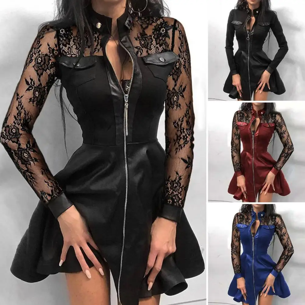 

Club Dress Lace Flower Embroidery A-line Big Hem Slim Fit Stand Collar Above Knee Long Sleeves Loose Hem Mini Dress for Dating