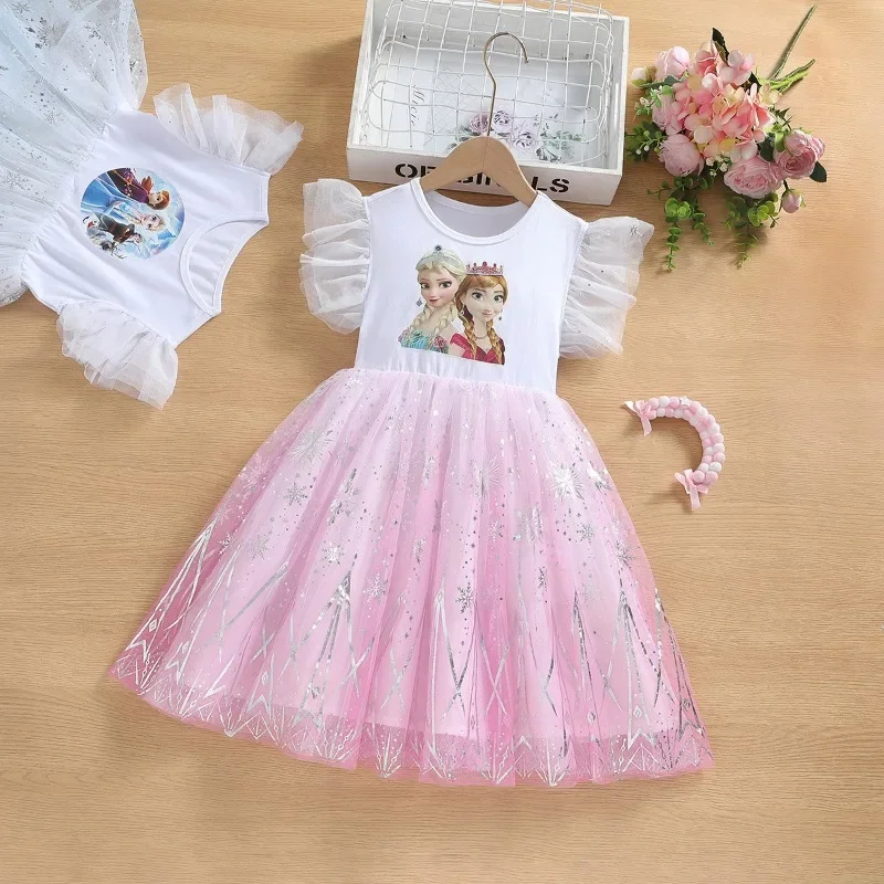 New Summer Kids Vestidos Cotton Wedding Clothes Pajama Tops Baby Girls Dresses Cartoon Frozen Elsa Print Princess Party Dress