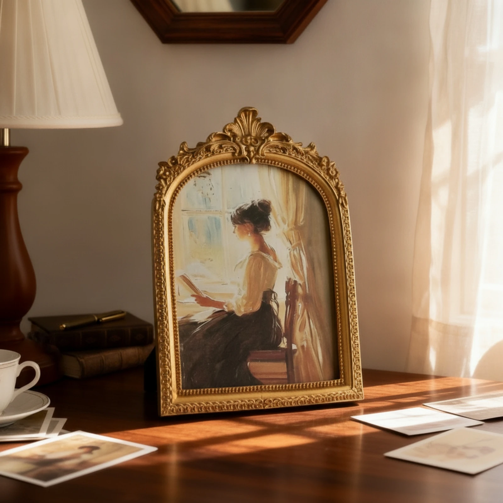 Arched Photo Frame Ornate Baroque Picture Frame Embossed Decorative for Dresser, Bedside Table
