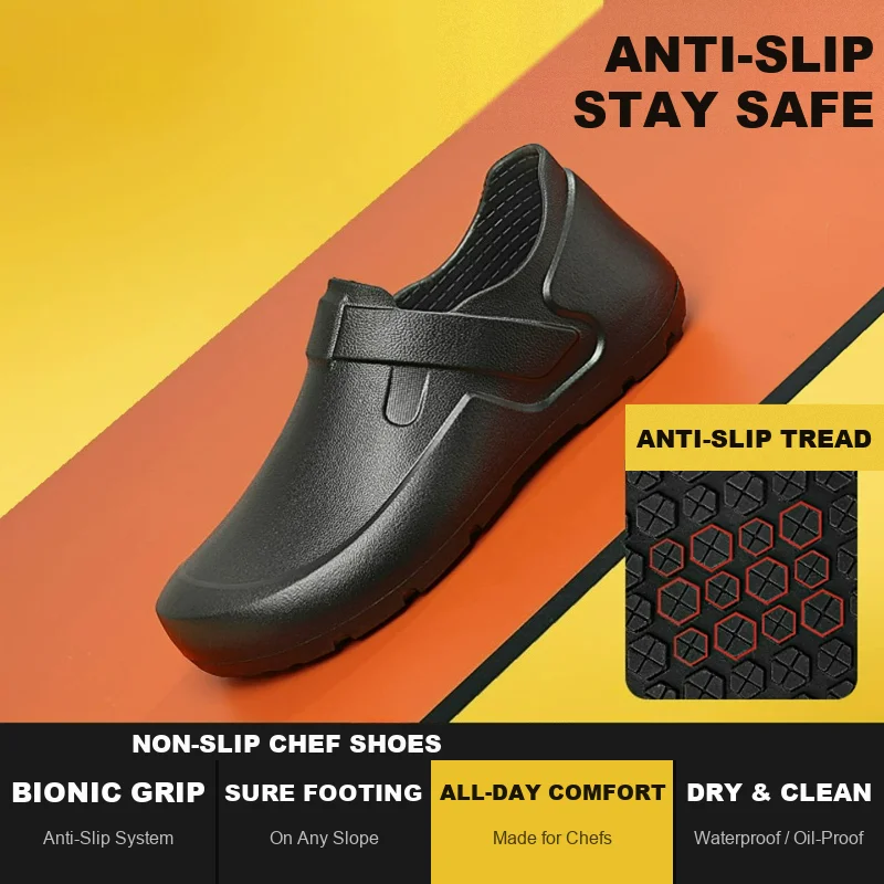 Unisex Lightweight Chef Work Shoes Non-slip Oil-proof Restaurant Kitchen Shoes Men Sandals Slip-on Black
