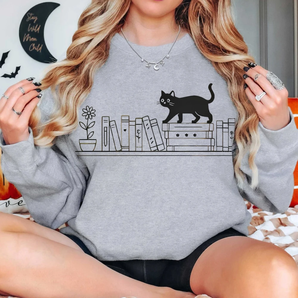 لطيف كتاب القط طباعة بلوزات مضحك الرسم نمط بسيط هوديي طويلة الأكمام القطن جولة الرقبة السيدات أعلى الملابس خمر