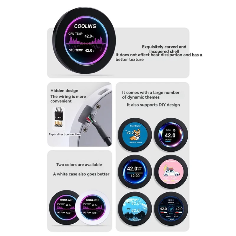 

Durable-2.1 Inch IPS LCD Round Screen Display DIY Covering 360 Water Cooling PC CPU GPU Monitor For CPU GPU Monitoring White,2.1