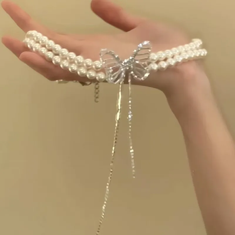 Butterfly Tassel Pearl Layered Necklace Women Fairy Princess Light Luxury Elegant Double Strand Choker Versatile Collarbone Gift