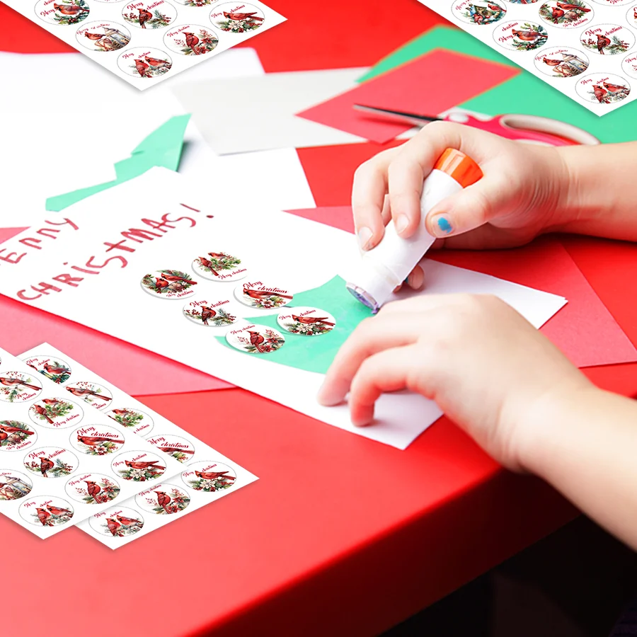 150 Pcs Merry Christmas Stickers 15 Designs Cardinal Red Bird Decals Assorted Xmas Adhesive Decorative Stickers.